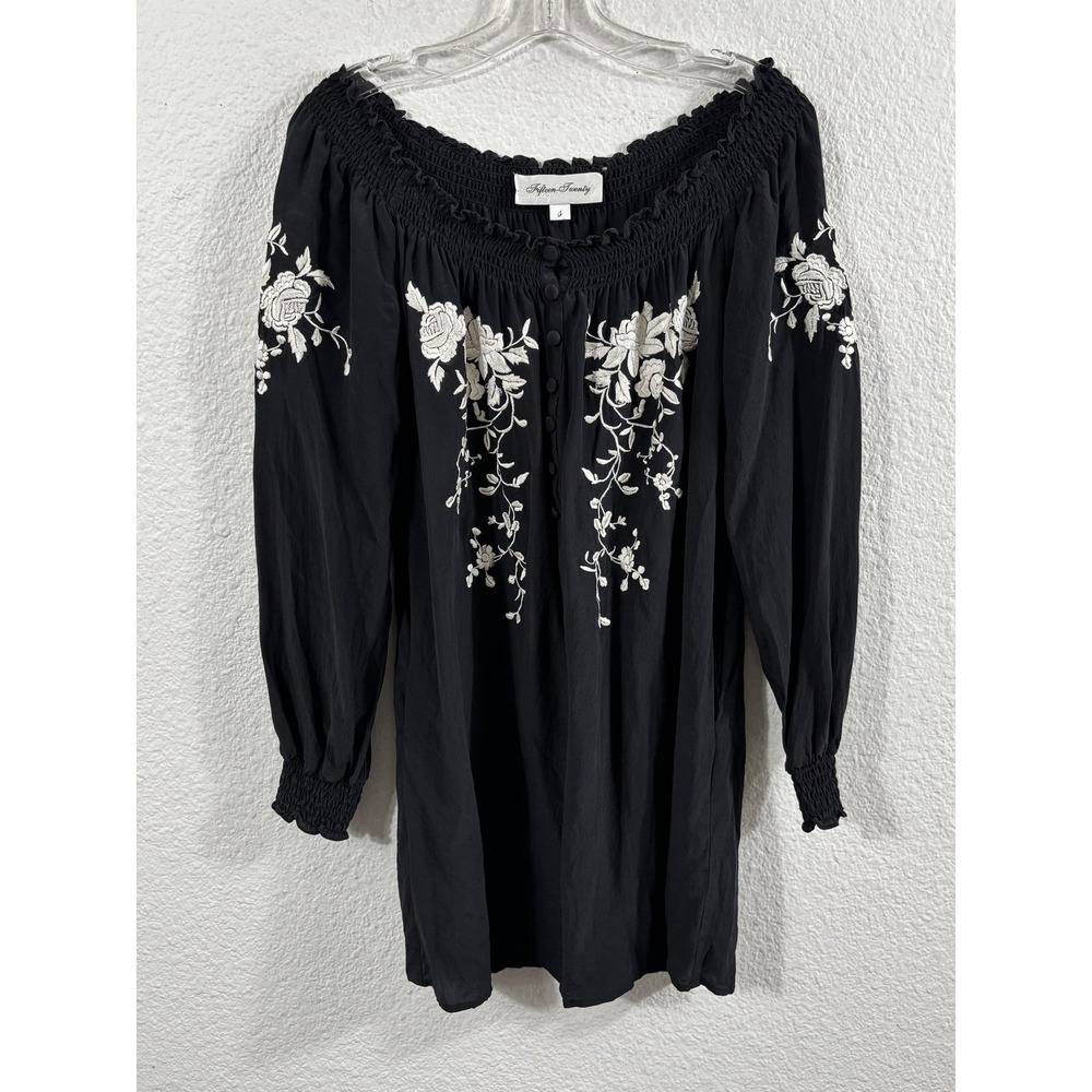 Fifteen Twenty Dress Womens S Black Silk Off Shoulder‎ Floral Embroidered Tunic